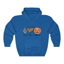 Load image into Gallery viewer, Peace Love and Halloween, Unisex Heavy Blend™ Hooded Sweatshirt