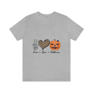 Peace, Love and Halloween, Unisex Jersey Short Sleeve Tee