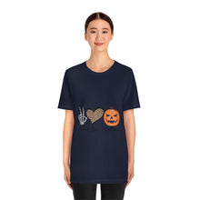 Load image into Gallery viewer, Peace, Love and Halloween, Unisex Jersey Short Sleeve Tee